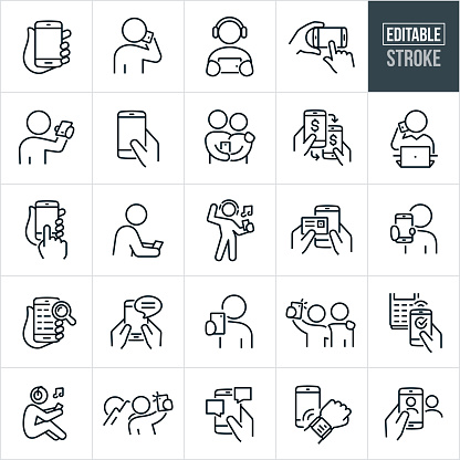 A set of icons showing people using smartphones. The icons include editable strokes or outlines using the EPS vector file. The icons include a hand holding a smartphone with a blank screen, person talking on smartphone, person streaming entertainment on a smartphone and wearing headphones, hands scrolling on smartphone screen, couple holding a smartphone, smartphones being used to pay one another, businessman sitting at computer talking on smartphone, person listening to music through headphones using a smartphone, person making an online payment using a smartphone and credit card, internet search on a smartphone, texting on a smartphone, two people taking a selfie using a smartphone, smartphone being used to tap to pay, hiker taking picture with smartphone, blogging from a smartphone and mobile photography using a smartphone to name a few.