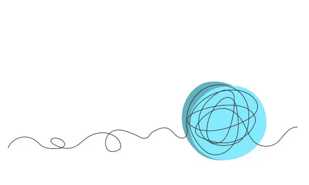 Vector illustration of Ball of yarn in one continuous line with colored elements. Minimalist illustration of threads for knitting. Activities for the soul and relaxation