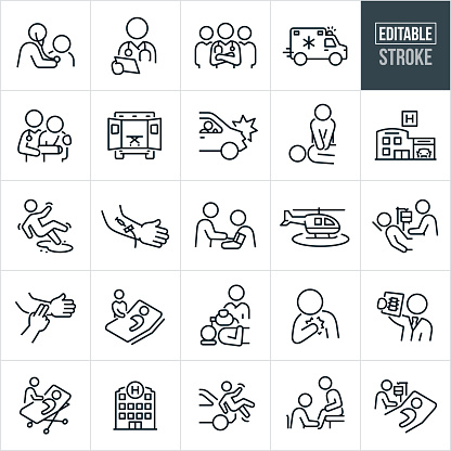 A set of emergency care icons that include editable strokes or outlines using the EPS vector file. The icons include a doctor checking heart of a sick patient using a stethoscope, doctor reviewing patient notes, team of emergency doctors, racing ambulance, medical professional assisting to a person with injured arm, ambulance with open back doors, person in a car accident, medical professional doing chest compressions on a victim, hospital with emergency wing, person slipping and falling, arm with IV, physician checking blood pressure of sick person, life flight helicopter, nurse attending to the IV bag of a sick person in hospital bed, checking for pulse of injured person, nurse using a bag valve mask on patient, person experiencing chest pain, doctor reviewing spine x-ray, sick person on medical stretcher being attended to, hospital, pedestrian being struck by car, doctor giving medical exam to patient and other related icons.