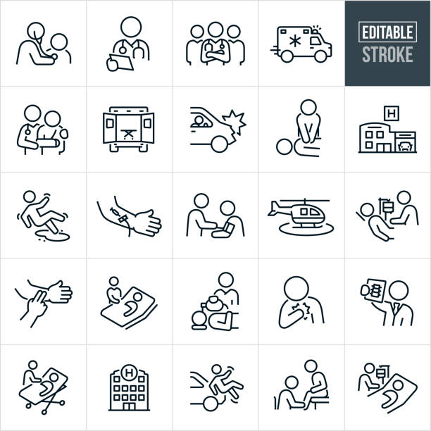 Emergency Care Thin Line Icons - Editable Stroke A set of emergency care icons that include editable strokes or outlines using the EPS vector file. The icons include a doctor checking heart of a sick patient using a stethoscope, doctor reviewing patient notes, team of emergency doctors, racing ambulance, medical professional assisting to a person with injured arm, ambulance with open back doors, person in a car accident, medical professional doing chest compressions on a victim, hospital with emergency wing, person slipping and falling, arm with IV, physician checking blood pressure of sick person, life flight helicopter, nurse attending to the IV bag of a sick person in hospital bed, checking for pulse of injured person, nurse using a bag valve mask on patient, person experiencing chest pain, doctor reviewing spine x-ray, sick person on medical stretcher being attended to, hospital, pedestrian being struck by car, doctor giving medical exam to patient and other related icons. first responders icon stock illustrations