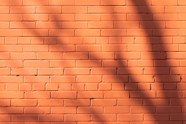 Red neon bulbs on red brick wall. Background texture of empty red wall with red neon light lamp style glow.