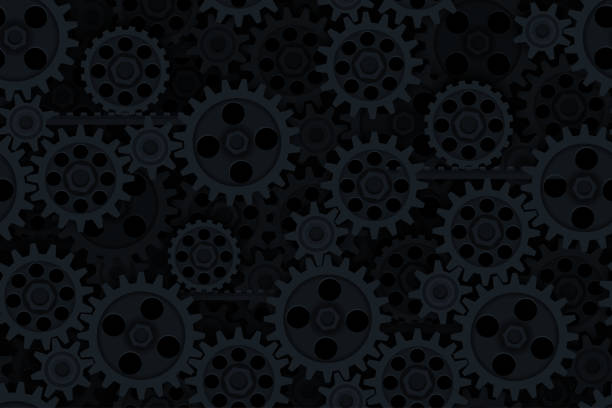 ilustrações de stock, clip art, desenhos animados e ícones de seamless gears pattern black tech background. industrial mechanics texture. layered dark web page fill backdrop. technology wrapping paper design - bicycle gear