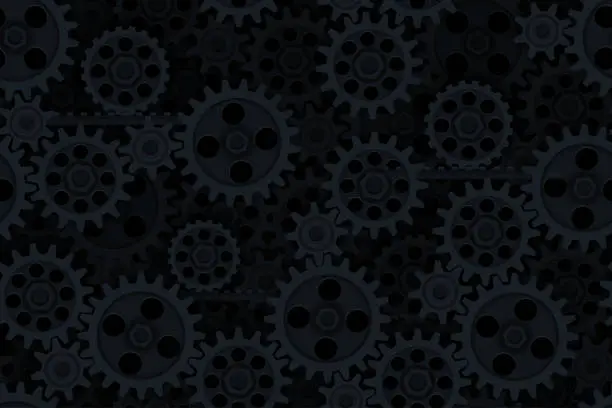 Vector illustration of Seamless gears pattern black tech background. Industrial mechanics texture. Layered dark web page fill backdrop. Technology wrapping paper design