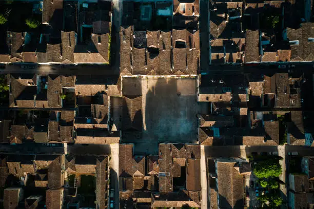 Photo of Drone shot of Place des Cornières at Monpazier, Périgord