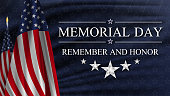 Memorial Day. Remember and Honor. United states flag poster. American flag and text on blue with stars background for Memorial Day.