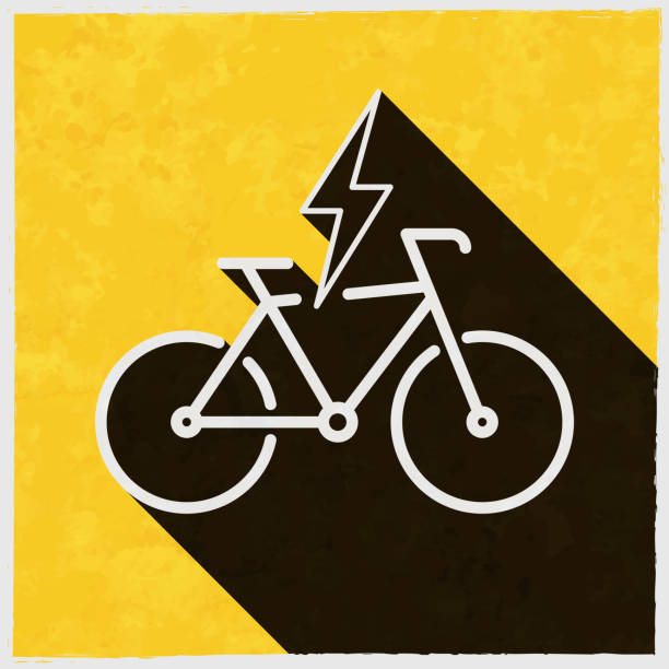 illustrazioni stock, clip art, cartoni animati e icone di tendenza di bici elettrica in carica. icona con ombra lunga su sfondo giallo strutturato - racing bicycle bicycle cycling yellow