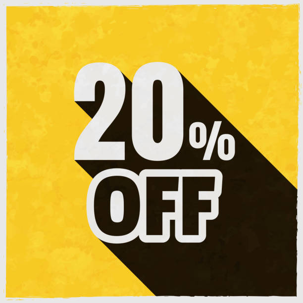 illustrations, cliparts, dessins animés et icônes de 20% de réduction (20% de réduction). icône avec une ombre longue sur fond jaune texturé - number 20 percentage sign sale savings