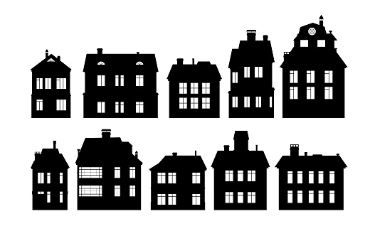 Rural houses with windows silhouette. Isolated on white background. Object set. Small city houses residential quarters. Cityscape with buildings. Housing Vector.