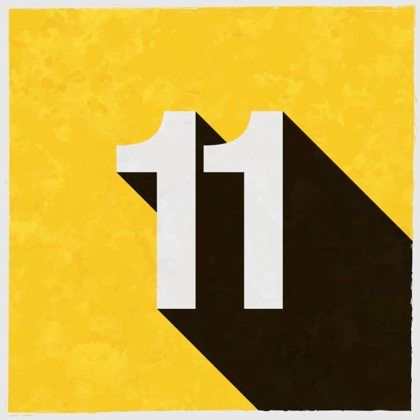 11 - Number Eleven. Icon with long shadow on textured yellow background Icon of "11 - Number Eleven" in a trendy vintage style. Beautiful retro illustration with old textured yellow paper and a black long shadow (colors used: yellow, white and black). Vector Illustration (EPS10, well layered and grouped). Easy to edit, manipulate, resize or colorize. Vector and Jpeg file of different sizes. number 11 stock illustrations