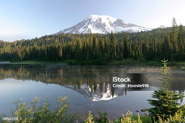 Mt Rainier En Reflejo De Lago Al Amanecer Foto de stock y más banco de imágenes de Aire libre - Aire libre, Blanco - Color, Bosque