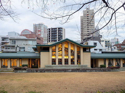 Tokyo,Japan.December 2020:Frank Lloyd Wright's work.It is a famous building located within walking distance from the station in front of Ikebukuro.The view from the road.
