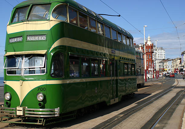 Green and cream double decker Blackpool tram 