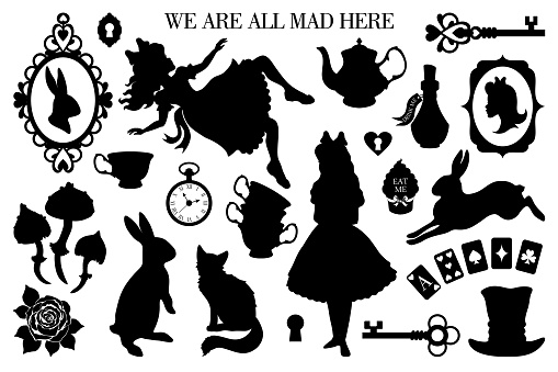 big set of vector illustrations of wonderland. black silhouettes Alice, rabbit, cat, mad hatter, key, tea cup, rose, mushrooms  and other isolated on a white background