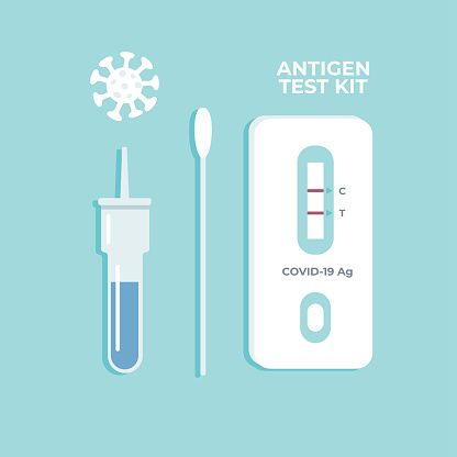 Set of ATK for prevention of infection from covid-19 epidemic, omicron. Antigen test kit with buffer dropper and swab stick. Flat vector illustration.