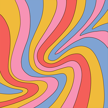 Retro groovy background with rainbow stripes. Abstract colourful and textured wavy shapes design.Hand drawn vector illustration with editable outline path.