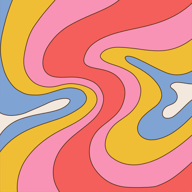 1960s hippie style wallpaper design. trippy retro tło dla psychedelicznych imprez z lat 60., 70. z jasnymi topniejącymi kolorami tęczy i groovy falistym wzorem w stylu pop art. konturowa ilustracja wektorowa. - image created 1960s obrazy stock illustrations