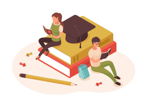 ilustrações de stock, clip art, desenhos animados e ícones de isometric people reading books, students education, man and woman reading. college students in library isolated vector illustration. book library concept - backpack university learning student