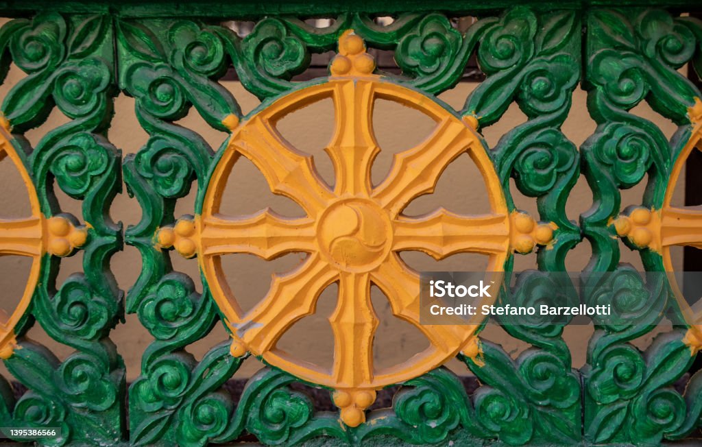 Wheel of Dharma Dharmacakra or Wheel of Dharma. It is the most important symbol of the Buddhist religion. Dharma Stock Photo