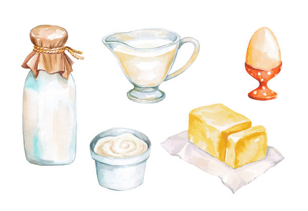 ilustraciones, imágenes clip art, dibujos animados e iconos de stock de juego de acuarela con ingredientes alimenticios para cocinar y hornear. - butter dairy product yogurt milk