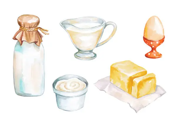 Vector illustration of Watercolor set with food ingredients for cooking and baking.