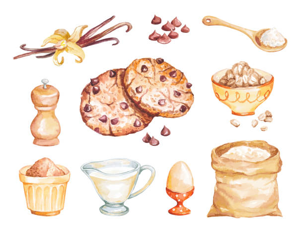 ilustraciones, imágenes clip art, dibujos animados e iconos de stock de juego de acuarela para hornear galletas e ingredientes - cream coloured illustrations
