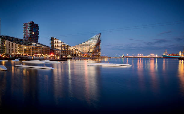 Aarhus by night in the blue hour and reflection in the sea. Supertanker in the background