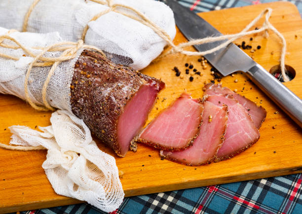 istock Cured pork meat sliced on wooden board 1395389609