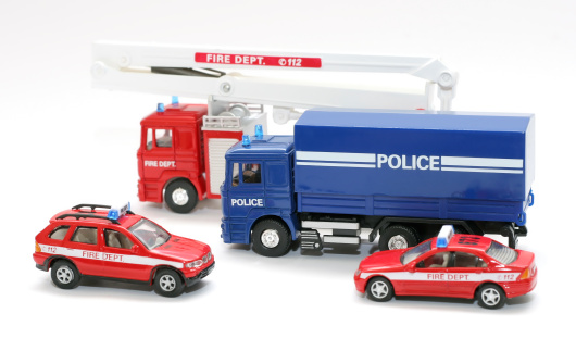 model vehicles of firefighters and police