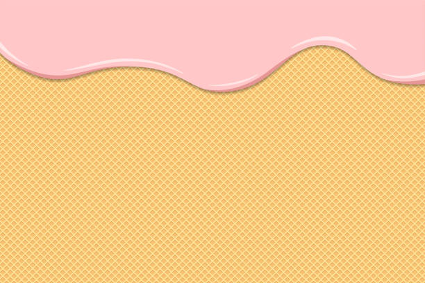 ilustrações, clipart, desenhos animados e ícones de sorvete rosa ou iogurte derretem no waffle. gotas líquidas cremosas ou de leite fluem em biscoitos crocantes torrados. textura de bolo doce de wafer envidraçado. modelo de fundo vetorial para banner com espaço para texto - backgrounds berry close up dessert