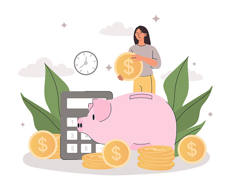 Personal capital concept. Girl puts coins in piggy bank. Metaphor financial literacy and family budget. Passive income of investor, analysis of income and expenses. Cartoon flat vector illustration