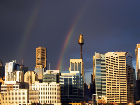 Urban skyline with  2 rainbows