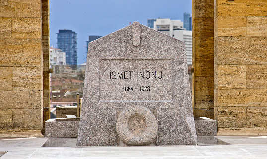 Ankara, Turkey - April 11,2022 : View of ismet inönü grave at Anitkabir Mausoleum of Ataturk with people visiting the Great Leader Ataturk in his grave to convey his love and respect. İsmet inönü was best friend and brother in arms with Atatürk. Anıtkabir (literally, \