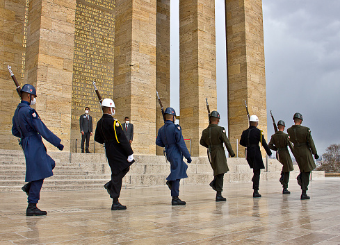 Ankara, Turkey - April 11,2022 : View of Anitkabir Mausoleum of Ataturk. There are Turk soldiers at military ceremony watch. People watch the ceremony and visiting the Great Leader Ataturk in his grave to convey his love and respect. Anıtkabir (literally, \