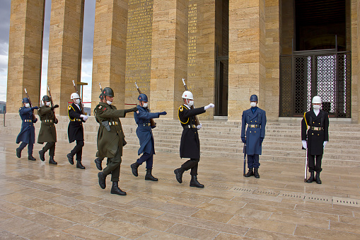 Ankara, Turkey - April 11,2022 : View of Anitkabir Mausoleum of Ataturk. There are Turk soldiers at military ceremony watch. People watch the ceremony and visiting the Great Leader Ataturk in his grave to convey his love and respect. Anıtkabir (literally, \