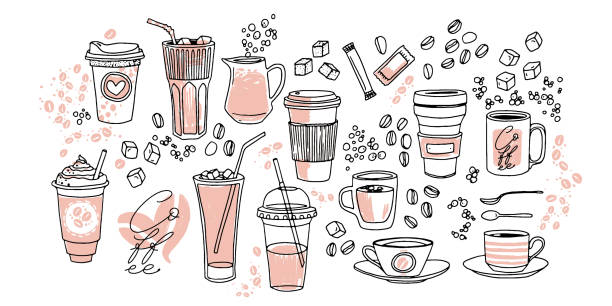 filiżanki do kawy ręcznie rysowany zestaw ilustracji wektorowych. różne filiżanki szkicują kolekcję rysunków z cukrem, łyżkami, bąbelkami i ziarnami kawy. ręcznie rysowane liniowe zasoby graficzne. - latte stock illustrations