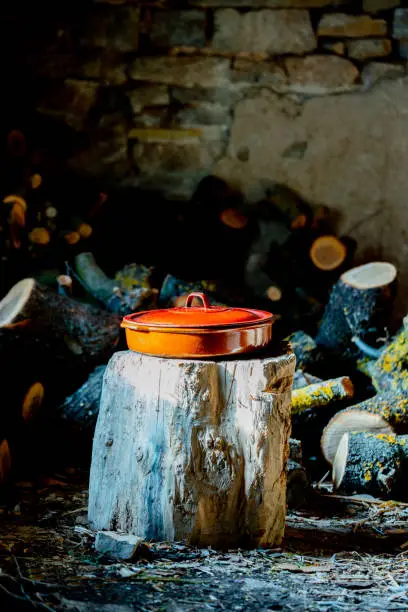 Cooking pot on a log of the firewood room