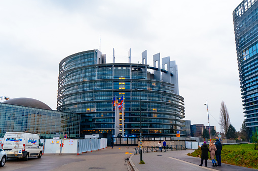 Strasbourg, France - January, 2022: Exterior of European Parliament (Louise Weiss building, 1999) in Wacken district of Strasbourg. It is one of biggest and most visible buildings of Strasbourg.