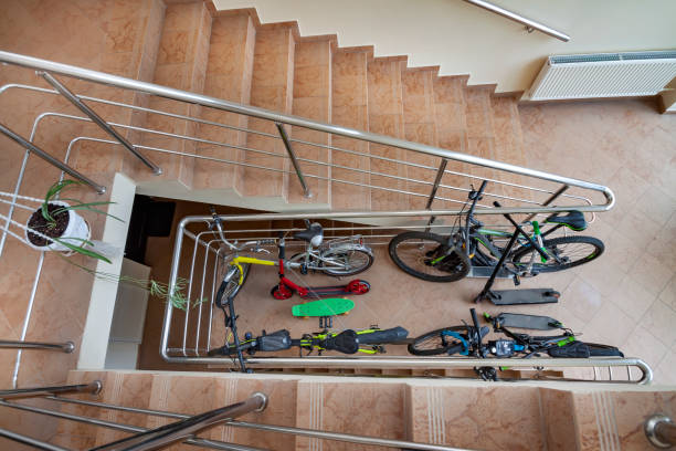 Top view from stair bicycle garage storage place office or an apartment block residential building or multi-family house stock photo
