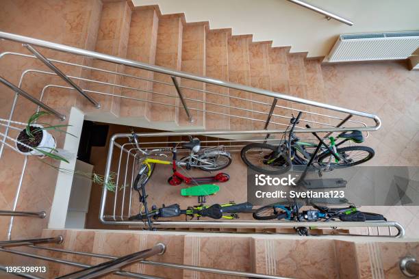 Top View From Stair Bicycle Garage Storage Place Office Or An Apartment Block Residential Building Or Multifamily House Stock Photo - Download Image Now