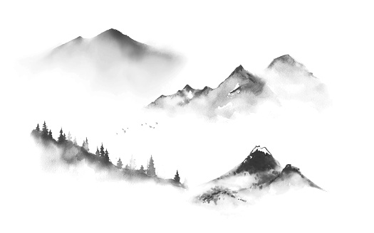 Set of mountains hand drawn with ink in traditional Japanese ink wash painting sumi-e.