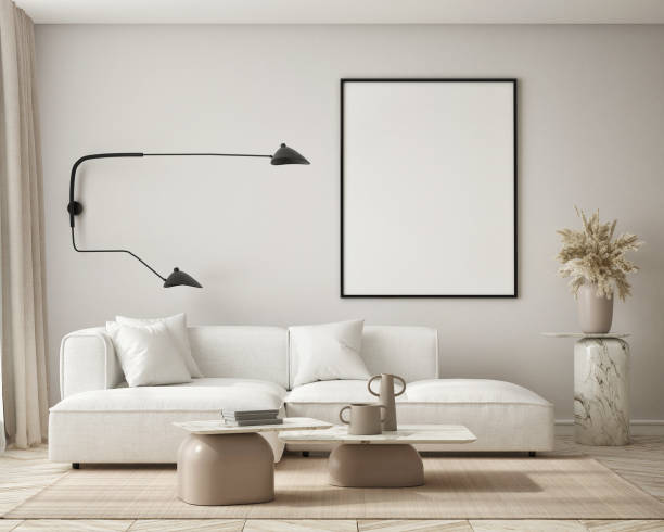 istock mock up poster frame in modern interior background, living room, Scandinavian style, 3D render, 3D illustration 1395400504
