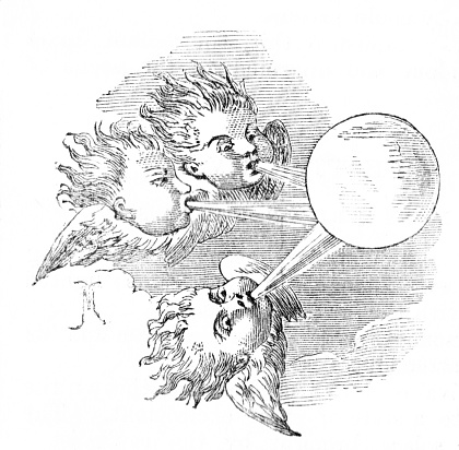 Three Cherub heads blow wind on the Earth. Wood Block Engravings published in 1860. Original edition is from my own archives. Copyright has expired and is in Public Domain.