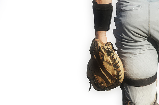 Photo-based illustration of a baseball catcher with a white background and space for copy.