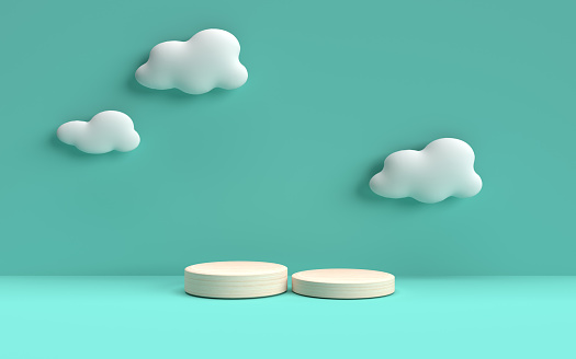 Podium with clouds and blue background 3D rendering