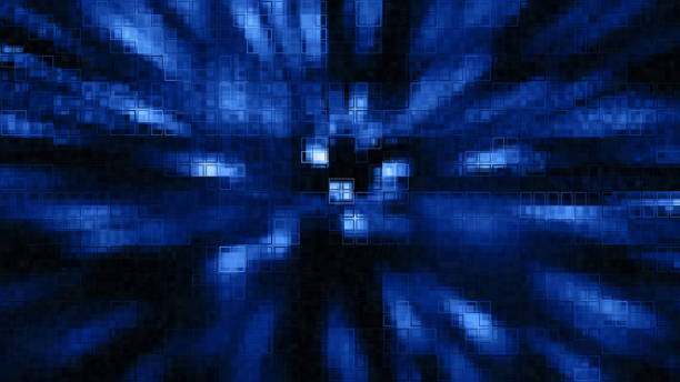 ブロックチェーンnft抽象技術ピクセル未来的な爆発ネイビーブルーブラック背景焦点のずれた正方形ブロックグリッドパターン接続爆発コンセプトノイズテクスチャ歪んだフラクタルアート - photographic effects smoke technology abstract ストックフォトと画像