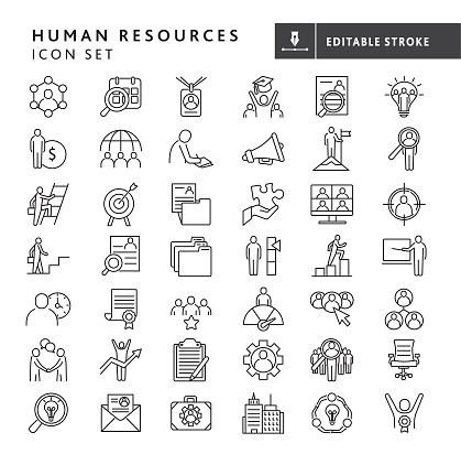 Vector illustration of a big set of Human resources, job and employee searches, interviewing and recruiting, team work, business people line icons. Includes business concepts such as handshake business deal, human resources interviewing, resume reviews, job searching, team work, worker performance, competition and many more with no white box below. Fully editable stroke outline for easy editing. Simple set that includes vector eps and high resolution jpg in download.