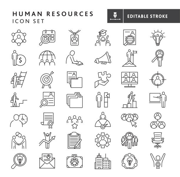 Human resources, job and employee searches, interviewing and recruiting, team work, business people big thin line Icon set - editable stroke Vector illustration of a big set of Human resources, job and employee searches, interviewing and recruiting, team work, business people line icons. Includes business concepts such as handshake business deal, human resources interviewing, resume reviews, job searching, team work, worker performance, competition and many more with no white box below. Fully editable stroke outline for easy editing. Simple set that includes vector eps and high resolution jpg in download. human representation stock illustrations