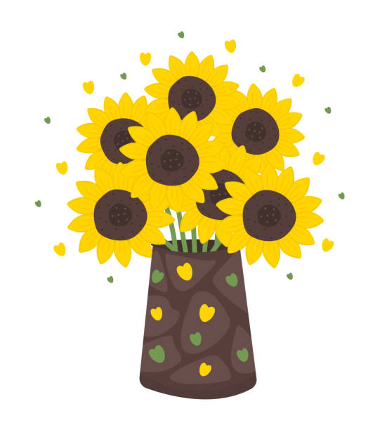 ilustraciones, imágenes clip art, dibujos animados e iconos de stock de girasoles en jarrón, ilustración - botany bright brown heart shape