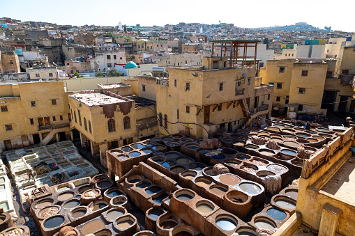 The leather tannery of Fez, Morocco is found in the centre of the Medina.