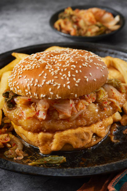 Sweet and Sour Crispy Fried Chicken Burger with Kimchi